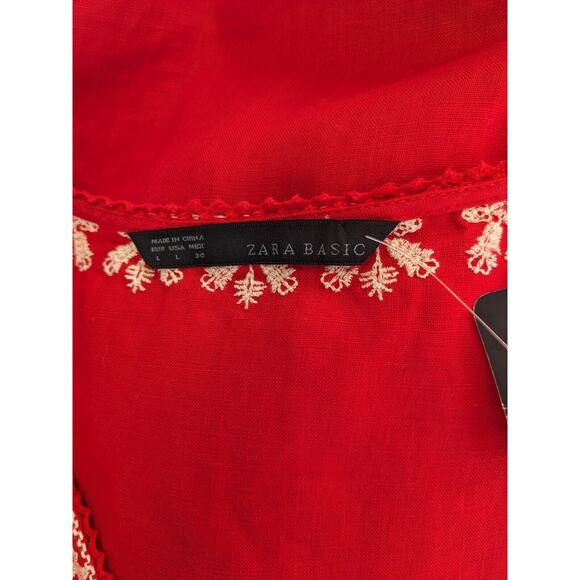 New Zara Basic Size Large Embroidered Shift Dress Red White Linen Short Sleeves - Picture 6 of 16